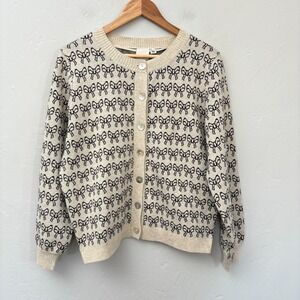 ICHI Ihbrielle Knit Cardigan Women Size Medium Bows Beige Black Button Up